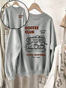 Plus-Size Women's Coffee-Themed Graphic Crewneck Sweatshirt With A Retro Coffee Machine Print, Perfect For Everyday Street Style In Autumn And Winter. - Grey - View 3