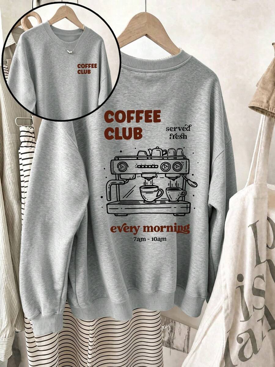 Plus-Size Women's Coffee-Themed Graphic Crewneck Sweatshirt With A Retro Coffee Machine Print, Perfect For Everyday Street Style In Autumn And Winter. - Grey - View 1