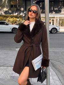 Women's Solid Color Faux Fur Patchwork Pocket Jacket For Vacation - Brown - View 2