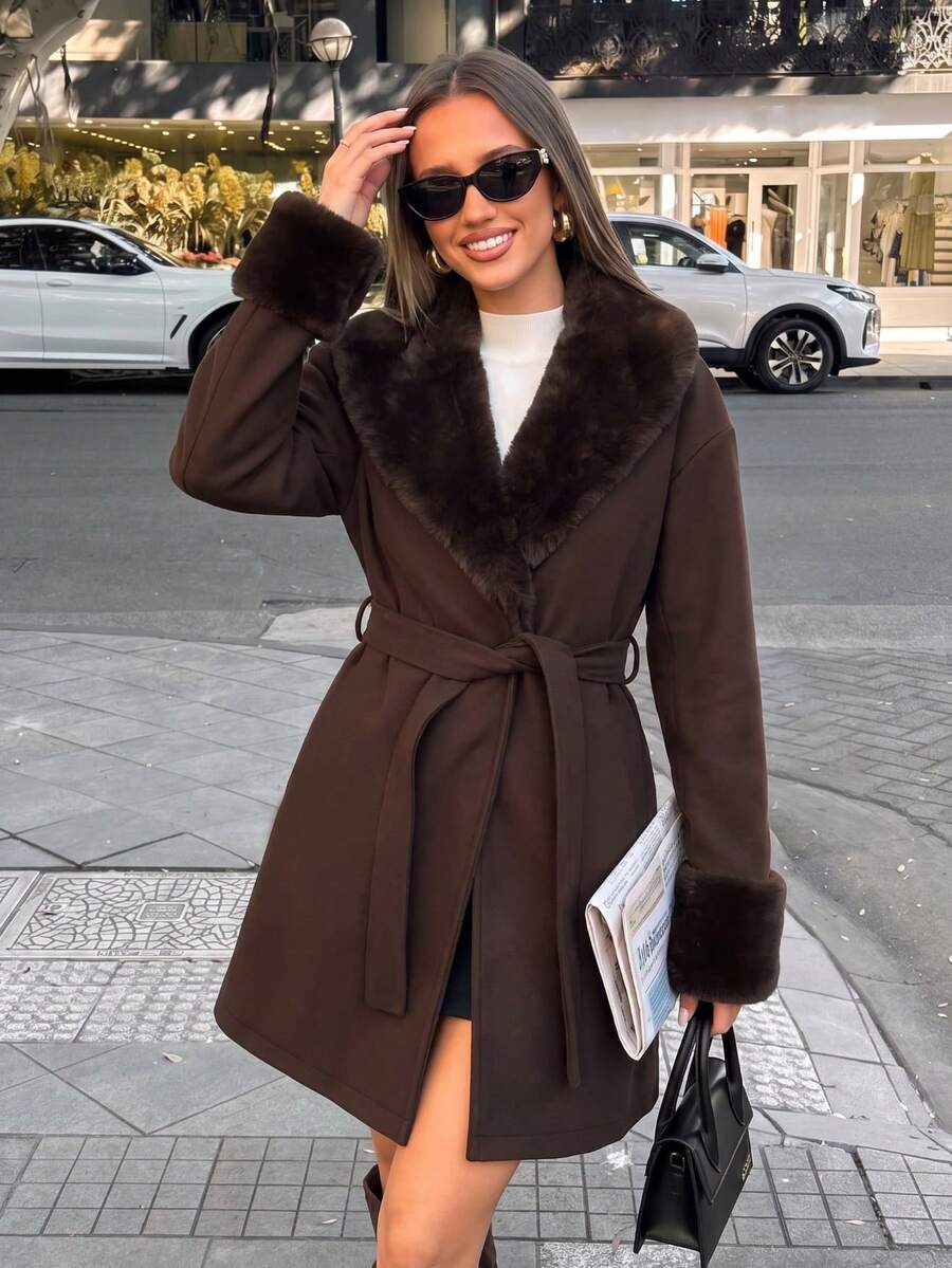 Women's Solid Color Faux Fur Patchwork Pocket Jacket For Vacation - Brown - View 1