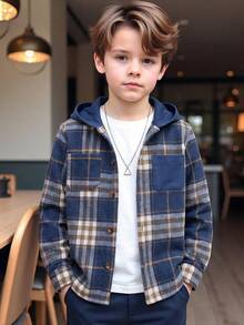 Jaket Hoodie Kasual Anak Laki-Laki, Motif Kotak-kotak Flanel dengan Kantong, Musim Gugur/Dingin - Royal Blue - View 1