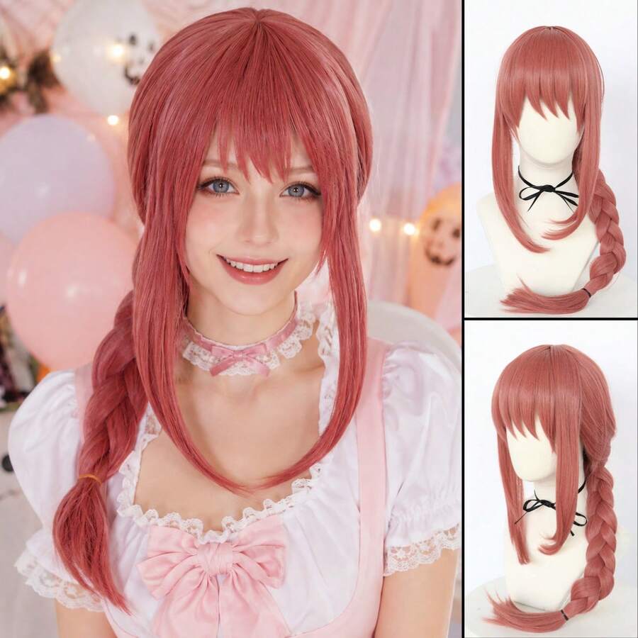 Dusty Rose Pink Long Straight Synthetic Costume Wig For Women, Pre Styled Side Braid With Full Straight Bangs, Sweet Anime Cosplay Wig, Great For Halloween, Convention, Themed Party, Photo Shooting Role Play Hair Accessory - Multicolor - View 1