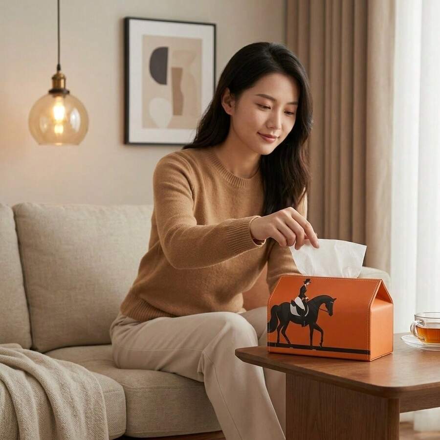 1PC Orange PU Leather Tissue Box Cover With Horse Pattern, Elegant Decorative Tissue Holder, Durable Easy To Clean Wipeable Tissue Box For Living Room Bedroom Office - Burnt Orange - View 1