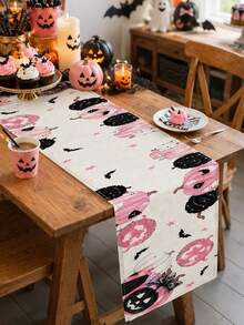 1pc Pink Pumpkin Halloween Linen Table Runner, Sweet Spooky Rectangular Table Decor With Black White Pumpkins, Bats And Star Print, Cute Holiday Tabletop Decoration For Halloween Party And Home - Multicolor - View 5