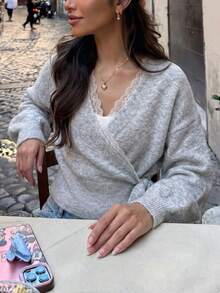 Chic Women's V-Neck Wrap Sweater In Light Grey, Soft Knit With Delicate Lace Edge, Casual Daily Wear Or Spring Outings - Light Grey - View 6