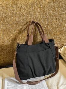 Vintage Contrast Color Canvas Tote Bag, Ruched Front Design Removable Strap Shoulder & Crossbody Bag, Soft Lightweight Handbag For Ladies Commute - Multicolor - View 8