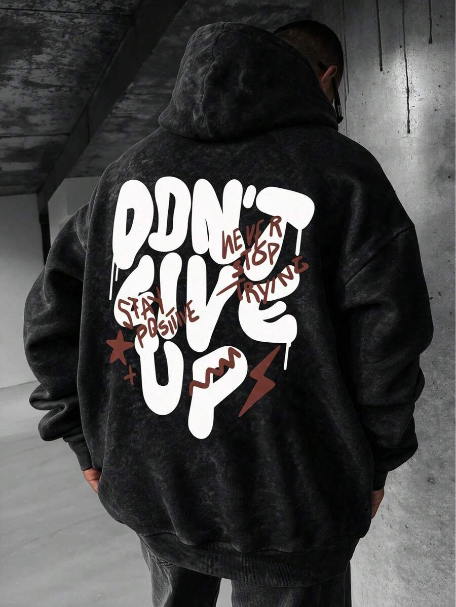 American Vintage Washed Distressed Hoodie, Oversized Men's Sweatshirt With Back Graffiti Letter Print, Autumn/Winter - Black - View 1