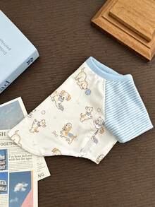 Cute Cartoon Puppy Print Dog Shirt For Small Medium Dogs Cats, Fall Colorblock Raglan Sleeve Pet T-Shirt, Soft Striped Dog Clothes, Breathable Pet Home Loungewear For Boy Girl Puppy Kitten - Blue - View 13