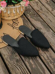 女款秋季新款法式優雅風大尺碼 36-43 時尚尖頭平底半包拖鞋，軟底舒適平底穆勒鞋，日常穿著、辦公、通勤穿搭 - 黑色織物(麻紋) - 查看 6