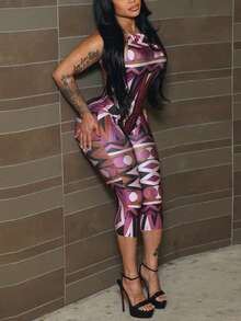 Women's Halter Sleeveless Backless Geometric Print Cami Bodycon Capris Jumpsuit Medium Stretch Polyester, Gorgeous New Year Outfit. - Purple - View 4