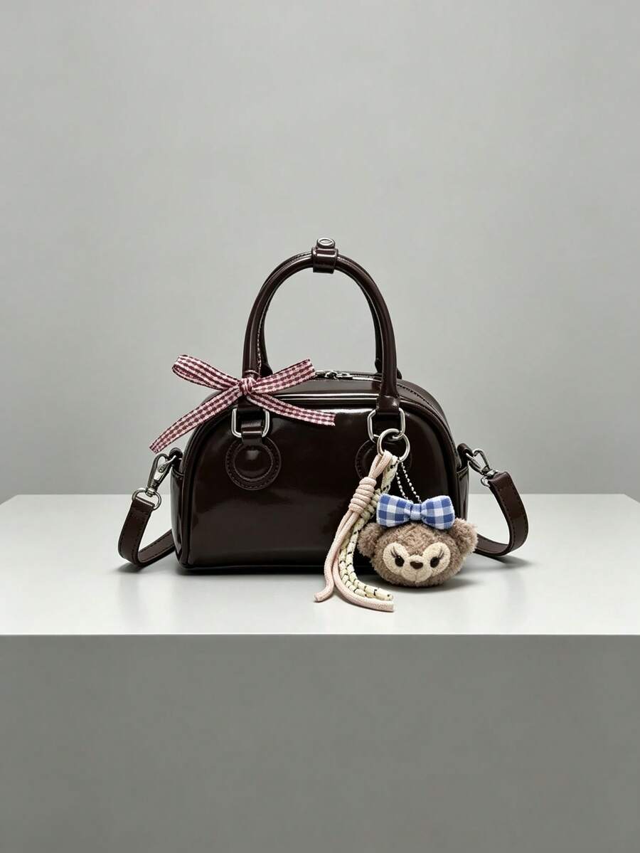 Vintage Coffee Brown Glossy Mini Bowling Bag, Smooth Faux Leather ...
