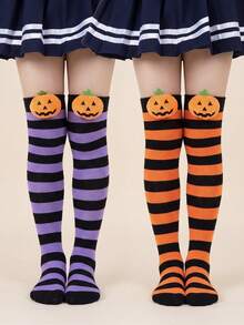 2 Pasang Kaos Kaki Anak-Anak Klasik Bergaris Warna Polos Kontras Motif Kaos Kaki Panjang Selutut Kartun Halloween - MultiWarna - View 8