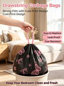 50pcs Cute Pattern Drawstring Trash Bags, Extra Thick Leak-Proof Tear-Resistant, With Easy-Pull Handle, Sealed Odor-Proof Heavy Duty Disposable Garbage Can Liners, Suitable For Bedroom, Kitchen, Bathroom, Office - Multiple Styles - View 2