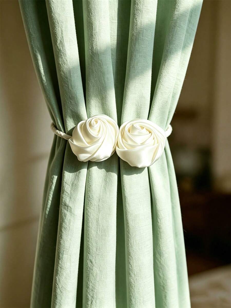 2pcs Cream White Satin 3D Rose Curtain Tiebacks, Soft Floral Window ...
