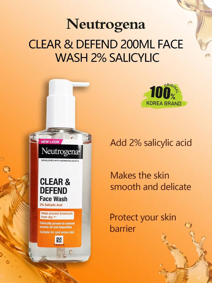 Neutrogena CLEAR & DEFEND 200ML 2%水楊酸洗面乳,針對瑕疵、控油與深層清潔,溫和去角質,幫助細緻肌膚紋理,適合日常使用,200ml - 200ml/6.76 fl.oz - 查看 1
