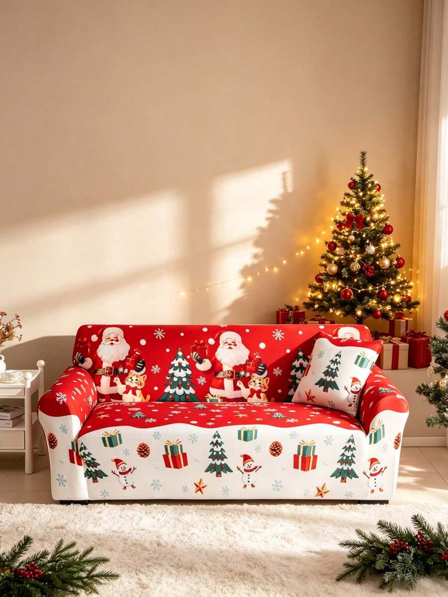 1pc Christmas Santa Claus Sofa Cover, Anti-Scratch & Anti-Bite For Cats And Dogs, Elastic Spandex Sofa Protector For Living Room, L-Shaped Chaise Lounge Sofa Pad, Full Coverage For 1/2/3/4 Seater - Red - View 1