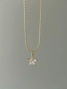 1pc Stainless Steel Waterproof Non-Fading Cute Small Single Cubic Zirconia Sparkling Star Necklace Choker Chain Suitable For Women's Daily Wear - Star Necklace - View 3
