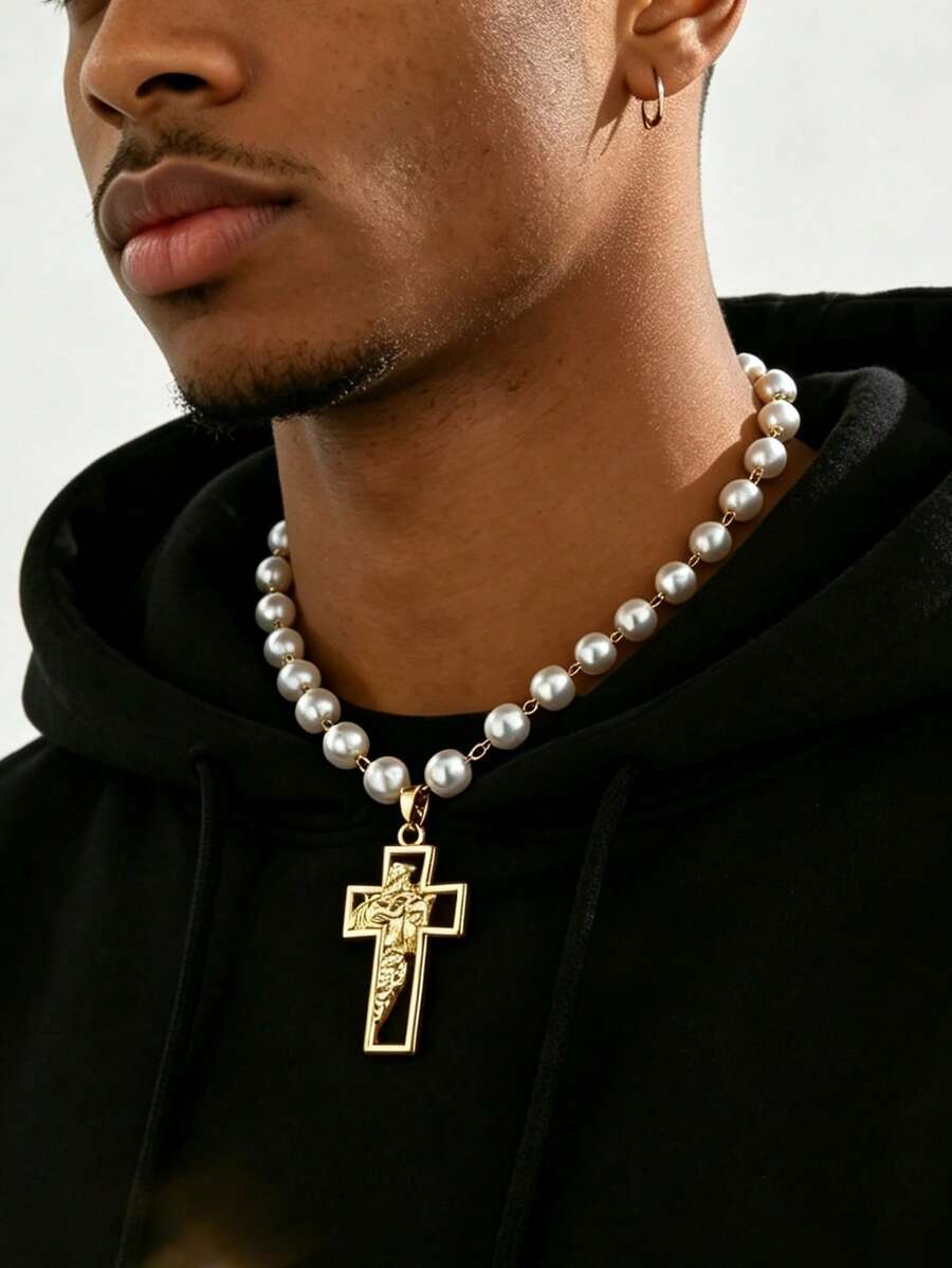 Men Gold‑Tone Hollow Carved Cross Pendant Faux Pearl Beaded Chain Necklace, Retro Hip‑Hop Statement Jewelry - Yellow Gold - View 1