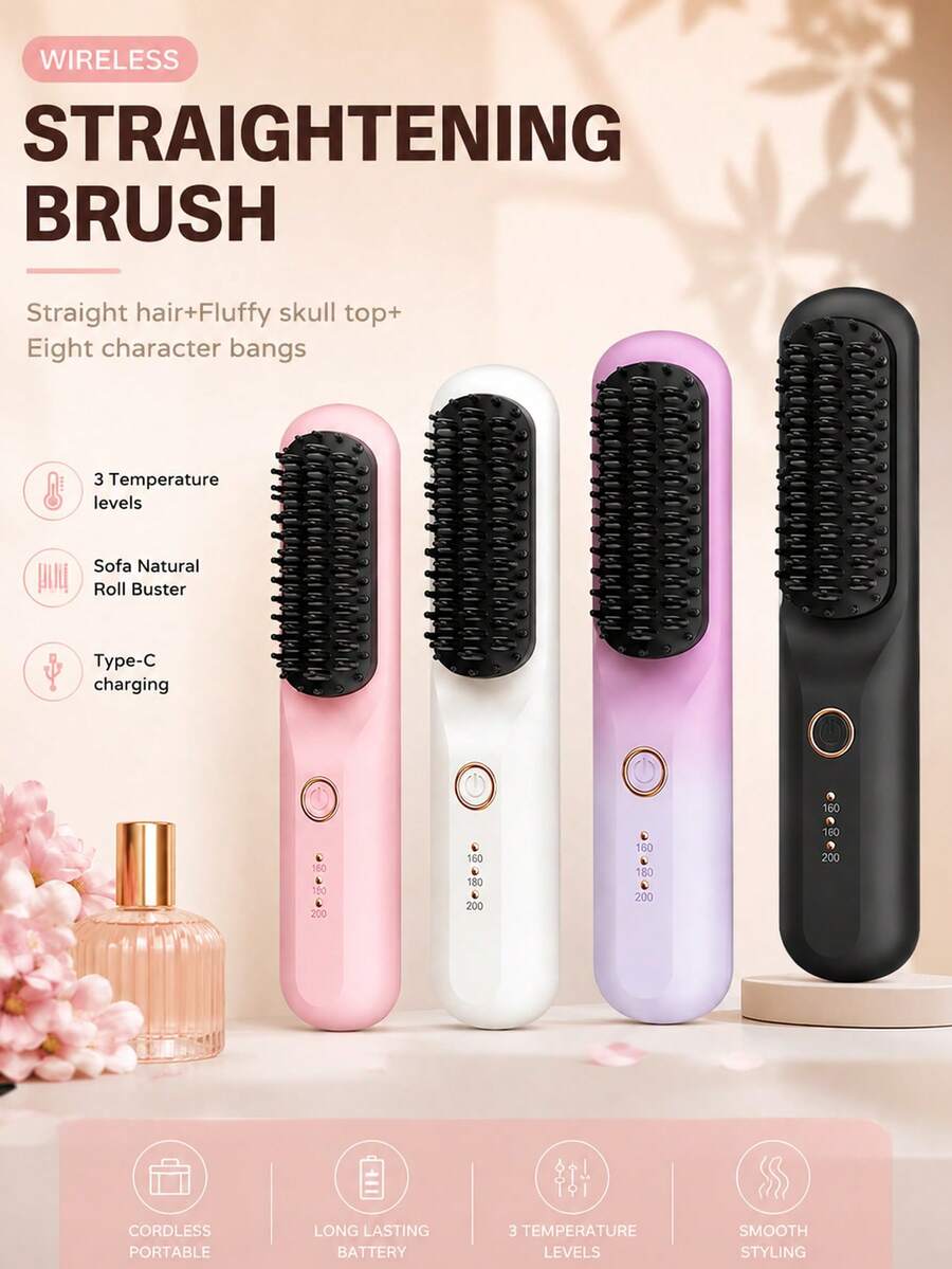 USB Rechargeable Wireless Hair Straightener Comb, Negative Ion Anti-Damage, Straight & Curly Hair Dual Use, Fast Heating With Overheat Protection, Pink/Black/White Gradient Color Options, Portable Travel Size, Creates Silky Smooth Hair, Suitable For Dorm Use