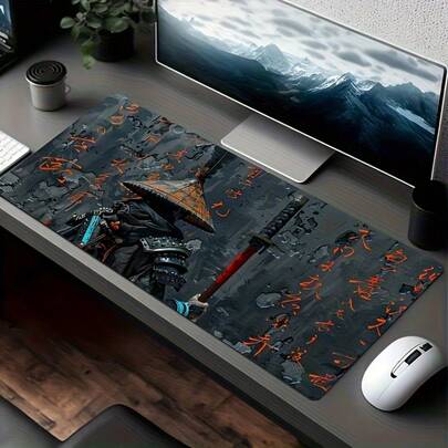 1 pieza Alfombrilla de ratón y tapete de escritorio grande con caligrafía japonesa de samurái - Base de goma antideslizante, superficie ergonómica y suave, material de poliéster duradero, adecuado para oficina, juegos, PC, portátil - Regalo perfecto para jugadores, fans del anime, entusiastas de la tecnología, samuráis, amantes del arte japonés