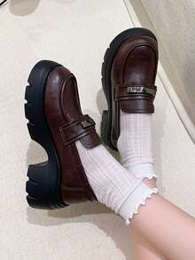 New Versatile Thick Sole Loafers Women's British Style Height-Increasing Slip-On Leather Shoes Retro JK Shoes - Brown - View 4