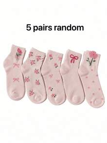 5 Pairs Random Bowknot Casual Comfortable Pink Mid-Calf Socks, Sweet Campus Style - Pink - View 5
