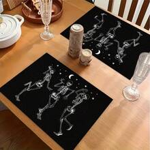 1/4/6pcs Halloween Series Dancing Skeleton Moon Night Funny Skeleton Pattern Printed Placemats, Heat-Resistant Table Mat For Home Kitchen/Kitchen Table Protection, Party Scene Decoration - Multicolor - View 4