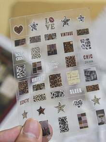 1Sheet Thin Flexible Leopard Print Nail Stickers, Retro Leopard‑Print Heart Star Text DIY Press‑On Nail Charms - Multicolor - View 1