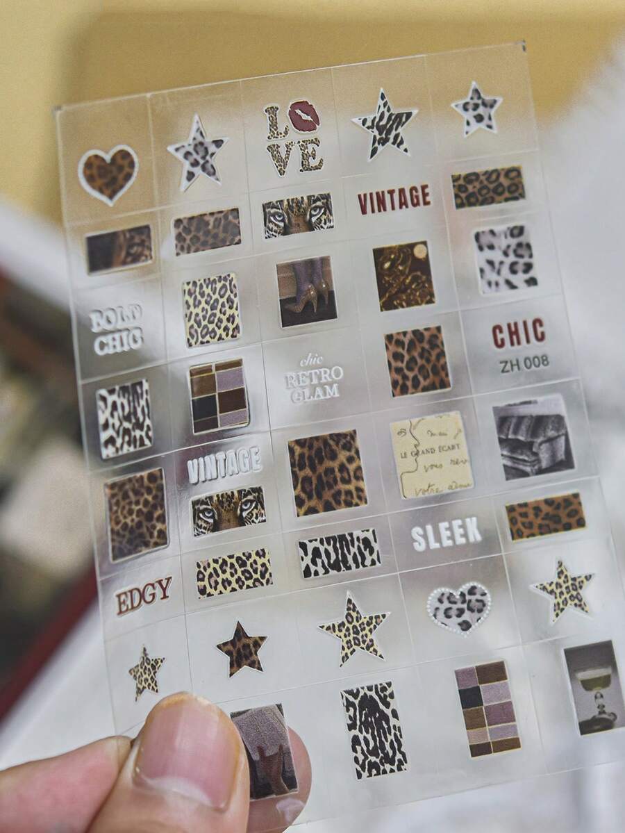 1Sheet Thin Flexible Leopard Print Nail Stickers, Retro Leopard‑Print Heart Star Text DIY Press‑On Nail Charms - Multicolor - View 1