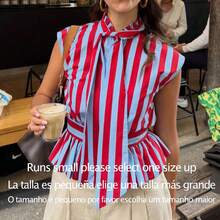 Spring/Summer Women's Elegant Red & Blue Striped Sleeveless Shirt With Bow Collar, Front Button-Down Cardigan, Ruffle Hem Blouse, Suitable For Office And Casual Wear - Red and Blue - View 12