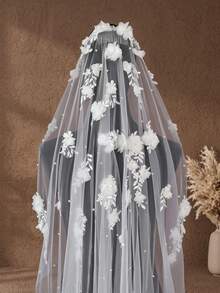 1pc 3D Floral Faux Pearl Long Trailing Lace Bridal Veil, Single Layer Short With Hair Comb, Waltz Length, Suitable For Cathedral Wedding, Wedding Photography, Civil Registration Headpiece - White -i - View 16