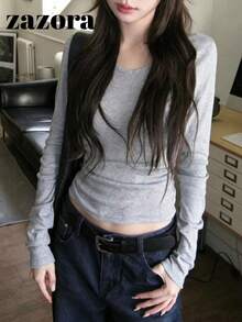 Waist-Cinched Slim Fit V-Neck Korean Style Lazy Slimming Long Sleeve Base Layer T-Shirt - Light Grey - View 4