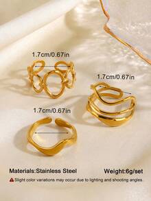3pcs Stainless Steel Minimalist Geometric Oval Line Ring Set Suitable For Women's Daily And Party Wear - Multicolor - View 2