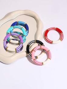 1pc Women's Striped Print Acrylic Curved Elastic Bangle, Colorblock Gold Metal Connector Chunky Stackable Bracelet, Daily Party Jewelry Gift - Black - View 4