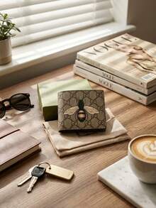 Dompet Lipat Dua GUCCI Vintage Bee Graphic, Dompet Kartu Tipis dengan Motif Klasik di Seluruh Permukaan untuk Pria - View 6