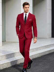 Men's Gentleman Solid Color 2-Piece Suit Jacket & Tie Set, Long Sleeve Double-Button Slim Fit Single-Breasted Blazer For Travel, Wedding, Party, Business, Dance - Red - View 12