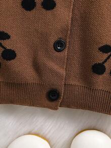 1pc Baby Girl Cherry Jacquard Knit Cardigan With Ruffle Collar, Long Sleeve Button-Up Sweater Jacket, Spring/Autumn Infant Open Front Coat - Coffee Brown - View 7