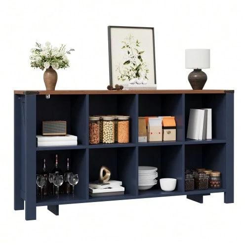 8-Compartment Storage Cabinet, Horizontal Organizer Shelf For Kitchen, Living Room, And Dining Room, 140 X 34 X 75 Cm - Blue - View 1