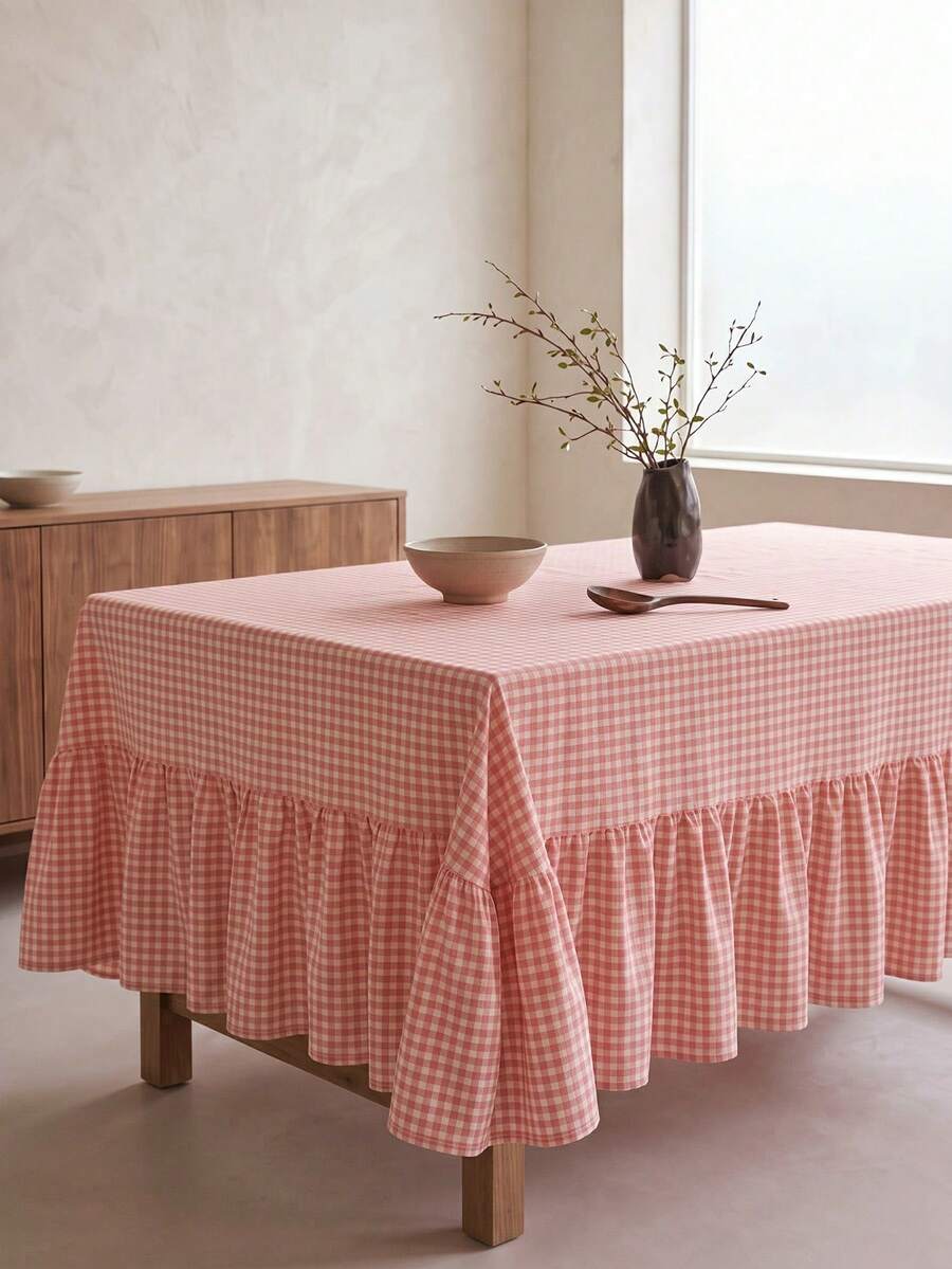 1pc Pink And White Small Checkered Tablecloth, Warm Pastoral Style, Fabric Material, Rectangular Long With Ruched Edge And Pleated Detail, Decorative And Functional, Suitable For Daily Home Dining Scenes - Pink - View 1