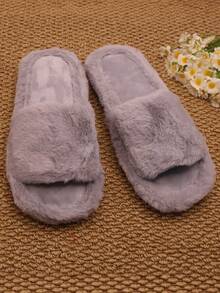 Women's Fuzzy One-Strap Indoor Slippers, Solid Color Long Plush Open Toe Thick Soft Cushion, Warm Autumn/Winter Casual Thermal Slippers - Grey - View 2