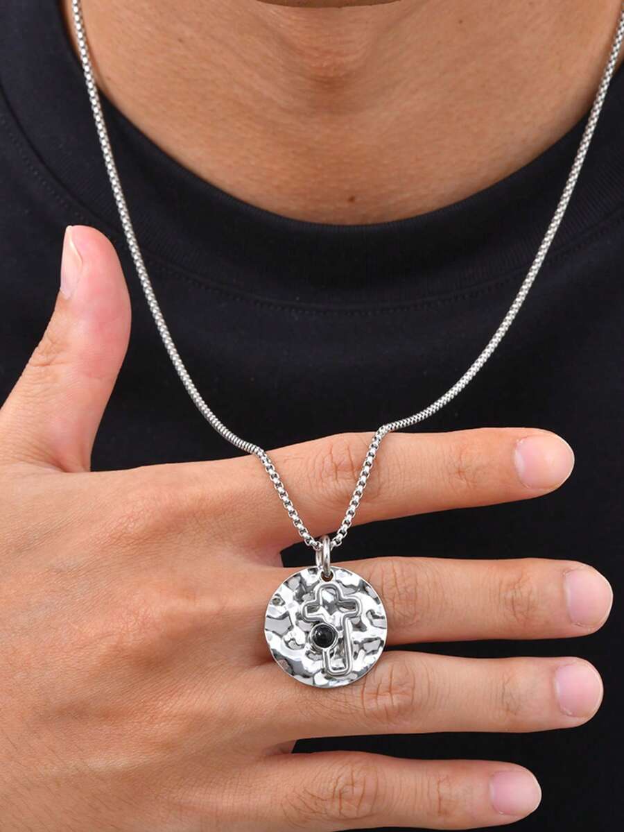 1pc Vintage Stainless Steel Hammered Hollow Cross Black Agate Pendant Necklace For Men, Jewelry, Personalized Daily Gift - PN2456 - View 1