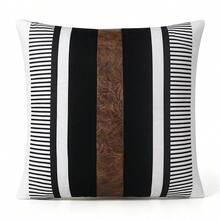 1pc Modern Minimalist Black White Brown Vertical Stripe Patchwork Pillow Case, Faux Leather Decor Geometric Line Pattern Square Decorative Cushion Cover, Suitable For Sofa Bedroom Farmhouse Style Home Decor, Pillow Insert Not Included - Black - View 9
