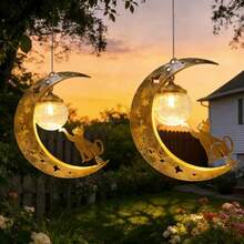 1pc Solar Hanging Lantern, Moon & Cat Playing Ball Design Warm White LED Light, Waterproof Metal Hanging Lamp For Garden Patio Yard Holiday Party Decor - Cat Ball Lantern - View 5