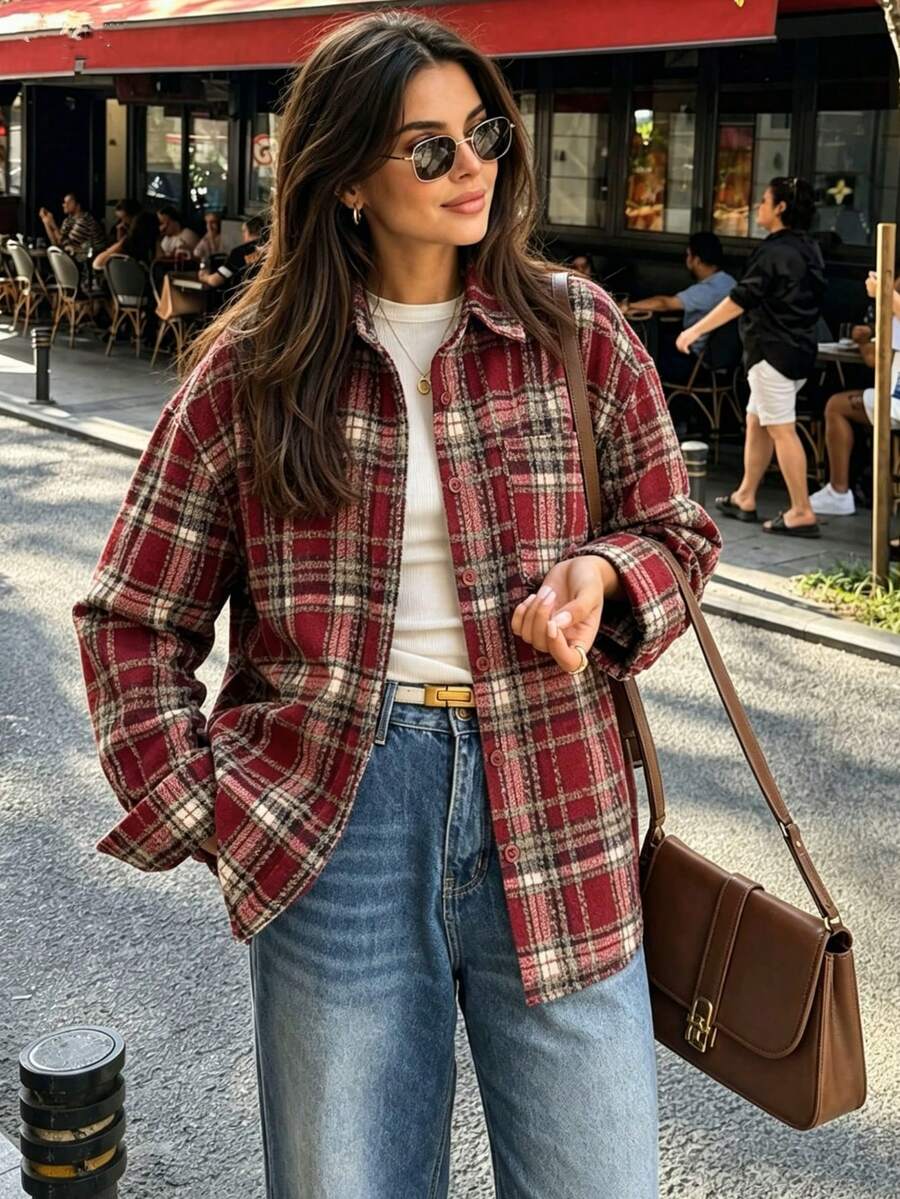Women's Brushed Plaid Button Front Pocket Casual Shirt - Red - View 1