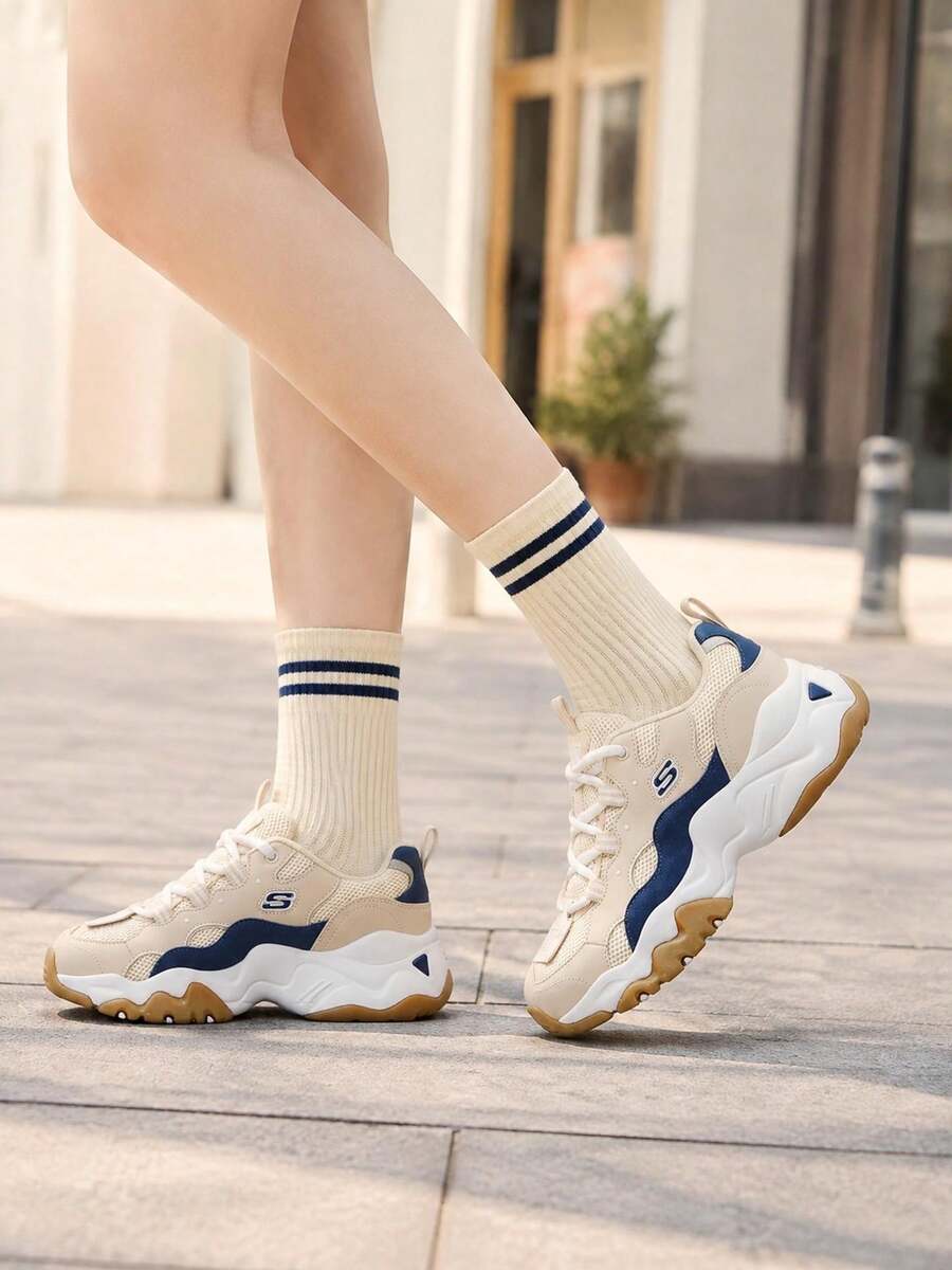 Skechers Women's Casual Shoes, Soothing Panda Shoes, D'LITES Series Fashion Lace-Up Athletic Shoes, Minimalist Comfortable Everyday Casual Sneakers 149094-TNV - Brown/Navy Blue - View 1