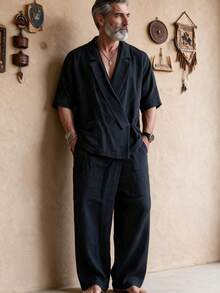 GOLDREDY Zen Slouchy Men's 2 Pieces Set, Asymmetrical Slanted Collar Short Sleeve Top And Loose Wide Leg Pants - Black - View 1