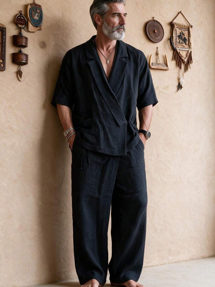 GOLDREDY Zen Slouchy Men's 2 Pieces Set, Asymmetrical Slanted Collar Short Sleeve Top And Loose Wide Leg Pants - Black - View 1