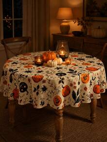 1pc Vintage Botanical Halloween Polyester Tablecloth, Pumpkin, Dark Floral, Autumn Leaf & Spooky Pattern Rectangular Table Cover For Halloween Party, Fall Gathering, Thanksgiving And Home Decor - Multicolor - View 6