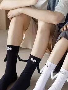 2 Pairs Black & White Magnetic Couple Socks Mid-Calf - Black and White - View 5