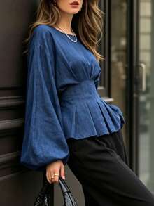 Women's Elegant Ruffle Blouse, Lantern Long Sleeve Round Neck Pleated Waist Business Commute Top, Autumn - Navy Blue - View 6